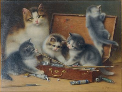猫妈妈和她的小猫在油漆盒里玩（面板上的油） 作者 威廉·施瓦尔