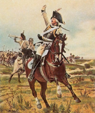 1757 年 11 月 5 日，塞德利茨将军在罗斯巴赫（Rossbach）发出进攻信号（增强型彩色石版）。 作者 
