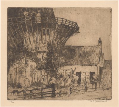 莱岑丹塔式磨坊脚下的房屋 作者 Willem Adrianus Grondhout（艺术家签名）