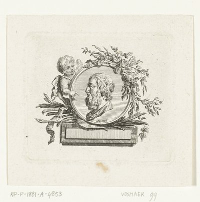 荷马半身像，雕刻在天使手持的徽章上，徽章上饰有鲜花和棕榈枝 作者 威廉·比尔德戴克