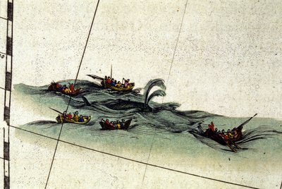 布列塔尼渔民用手叉猎取鲸鱼。威廉-布劳的《地图集》中的细节，1665年在阿姆斯特丹印刷。 作者 威廉·布劳