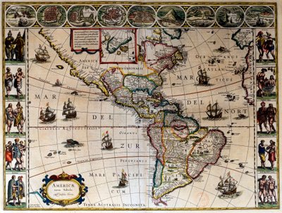 美国的地理地图。在Willem Janszoon Blaeu（1571-1638）制作的《Le theatre du monde ou le nouvel atlas Amsterdam》中 作者 威廉·布劳