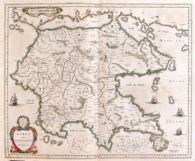 希腊，伯罗奔尼撒半岛，载于威廉-布劳的 "Theatrum Orbis Terrarum, sive Atlas Novus"，阿姆斯特丹 作者 威廉·布劳