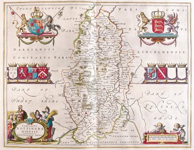 诺丁汉郡，载于威廉-布劳（Willem Blaeu）在阿姆斯特丹绘制的 "Theatrum Orbis Terrarum, sive Atlas Novus"。 作者 威廉·布劳
