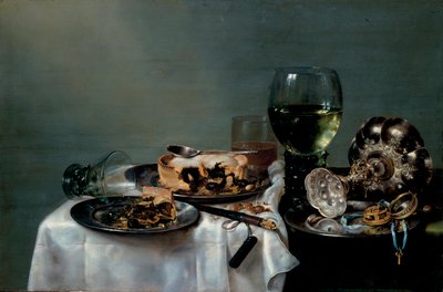 《黑莓派早餐桌静物》（黑莓派早餐桌） Willem Claesz Heda 绘画（1594-1680）1631 暗淡 54x82 厘米 布面油画 Dresden State Art Collections Dresden 作者 威廉·克拉斯（Willem Claesz）。赫达