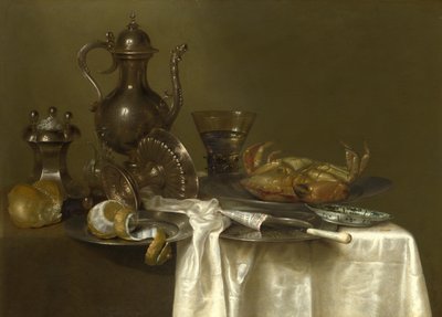 静物：锡，银器皿和螃蟹，约1636年 作者 威廉·克拉斯（Willem Claesz）。赫达