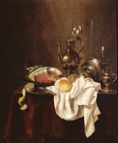 火腿和银盘的静物画 作者 Willem Claesz. Heda