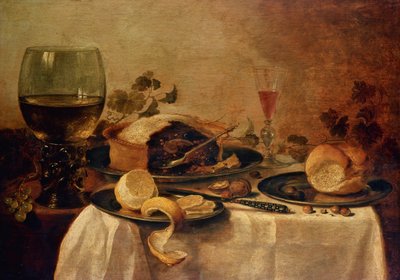 静物与水果派，1635年 作者 威廉·克拉斯（Willem Claesz）。赫达