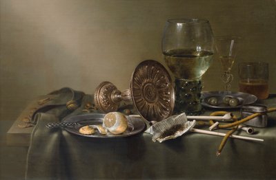 有玻璃杯和烟草的静物 作者 威廉·克拉斯（Willem Claesz）。赫达