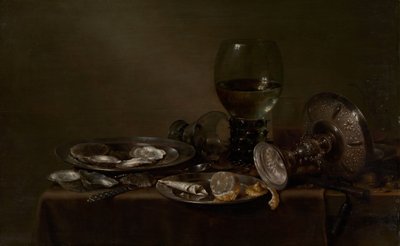 牡蛎静物画，银塔扎和玻璃器皿，1635年。 作者 威廉·克拉斯（Willem Claesz）。赫达
