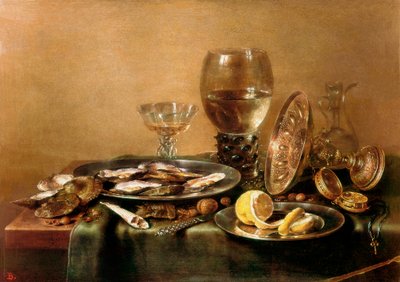 由牡蛎、柠檬、玻璃和金色餐具组成的静物画 作者 威廉·克拉斯（Willem Claesz）。赫达