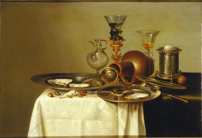 鎏金支架上的玫瑰花静物，石器和牡蛎，1637年。 作者 威廉·克拉斯（Willem Claesz）。赫达