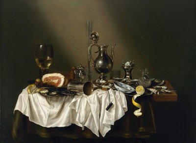 "Table de banquet avec jambon"（带火腿的宴会） Willem Claesz (Claeszoon) Heda (1594-1680)的画作 - 1656 - 布面油画 Dim 111x152 cm 休斯顿艺术博物馆 作者 威廉·克拉斯（Willem Claesz）。赫达