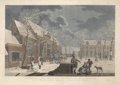 纳登围城期间士兵与平民交谈的雪景
1813 年 11 月至 1814 年 5 月，位于 Naarden 要塞 Blocade 前 Muijderbergh 的 Hoofdwagt der nationale 花园（标题见实物） 作者 威廉·亨德里克·霍格卡默（归因于）