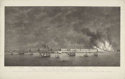 1830 年 10 月 27 日在 Luit.t Gener.l Baron D.H. Chassé 阁下指挥下炮击安特卫普市的场景；以及在 Kapit.n ter Zee, Jonkh.r J.E. Lewe van Aduard 指挥下的 H.M. 中队的位置（照片上的标题 作者 威廉·亨德里克·胡格卡默