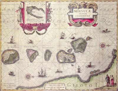 Moluccan岛地图，由Jodocus Hondius雕刻，1630年（彩色雕刻） 作者 Willem Janszoon Blaeu