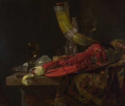 静物与圣塞巴斯蒂安弓箭手协会，龙虾和眼镜的饮酒之角c。 1653 作者 威廉·卡尔夫