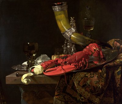 静物与圣塞巴斯蒂安弓箭手协会，龙虾和眼镜的饮酒之角，约1653年（布面油画） 作者 威廉·卡尔夫
