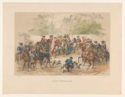 1856 年乌得勒支化妆舞会第七组
狩猎娱乐（标题见实物）
我们的祖国在 17 世纪中叶，由 Mutua Fides 成员 H.H. 学生在乌特勒支中学 220 周年庆典上展示，Den 25。 作者 彼得·威廉姆斯·范·德·魏尔