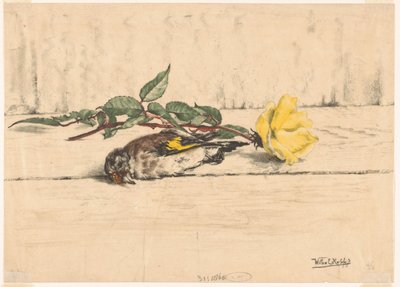 躺在玫瑰旁边的死金翅雀 作者 Willem Roelofs (II)（艺术家签名）