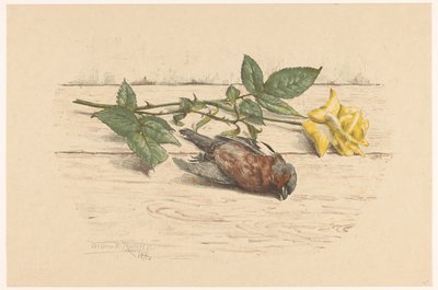 躺在玫瑰旁边的死雀鸟 作者 Willem Roelofs (II)（艺术家签名）