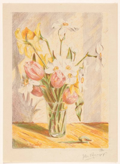 花瓶中的郁金香和水仙花 作者 Willem Roelofs (II)（艺术家签名）