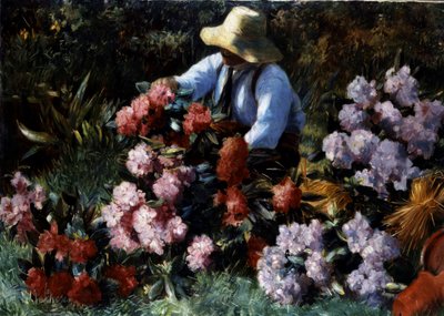 杜鹃花一位园丁在花园中照料他的花朵。威廉-罗伊洛夫斯（1822-1897 荷兰）的画作 私人收藏 作者 威廉·罗洛夫斯