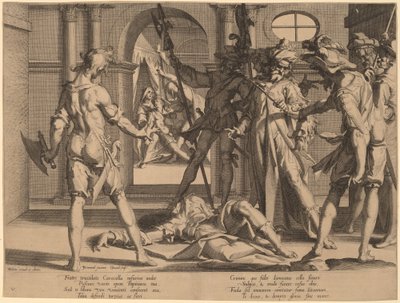 罗马法官帕皮尼安被斩首 作者 Willem Swanenburgh，根据 Joachim Anthonisz Wtewael