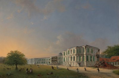 1834 年 10 月 10 日地震中的布依滕佐尔格宫正面图
1834 年 10 月 10 日地震后的布依滕佐尔格宫正面图 作者 威廉·特罗斯特 (II)