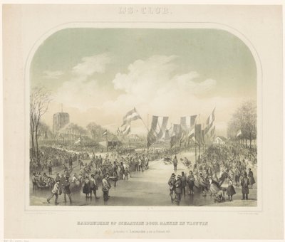 Schaatswedstrijd IJs-club / Hardrijderij op schaatsen door mannen en vrouwen gehouden te Leeuwarden op den 22 Februarij 1855 (title on object) 作者 威廉·特罗斯特 (II)