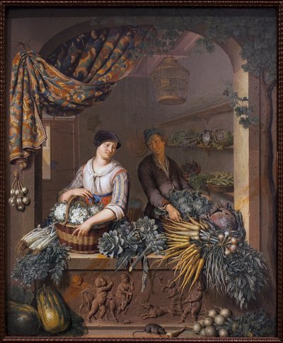 蔬菜推销员。 绘画 Willem van Mieris (1662-1747)，木上油彩 作者 威廉·范·米耶里斯（Willem Van Mieris）