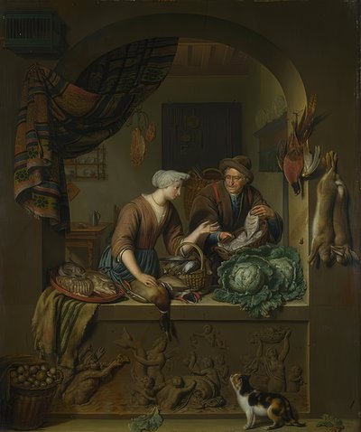 女人和鱼贩子在厨房里。 1713 作者 威廉·范·米耶里斯（Willem Van Mieris）