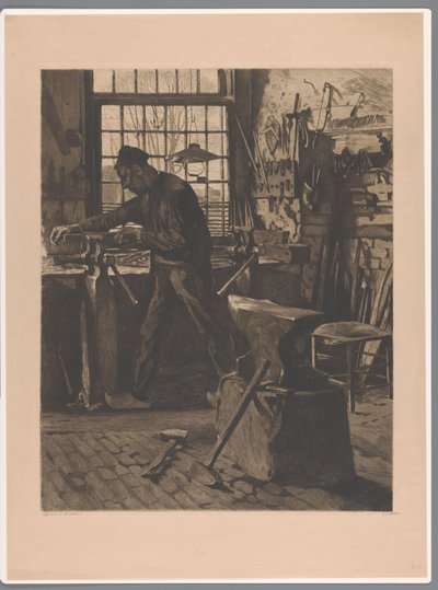 窗边工作的铁匠
窗边的乡村铁匠（布拉姆）（原标题） 作者 Willem Witsen（艺术家签名）
