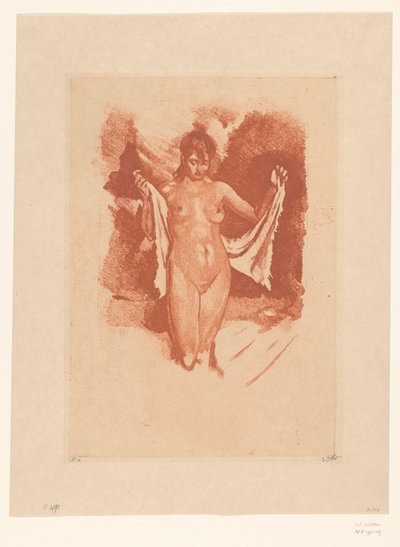 站立的裸女正在擦干身体 作者 Willem Witsen（艺术家签名）
