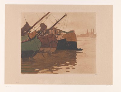 IJ 中的泥炭船 驳船进入 IJ 与三座塔（原标题） 五驳船（原名） 作者 Willem Witsen（艺术家签名）