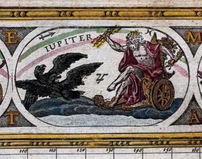 "世界剧院 "中朱庇特神在战车上与黑鹰搏斗的表现（雕刻）。 作者 威廉和琼·布劳
