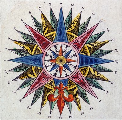 罗盘玫瑰（10831的细节），《世界剧院或新地图集》，纪尧姆和让-布劳的作品 作者 威廉和琼·布劳