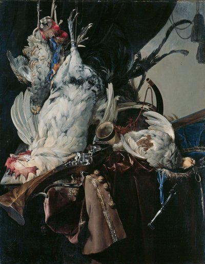 德语：Stilleben mit gelegten Vögeln und Jagdgeräten 有猎物和狩猎装备的静物 作者 威廉·范·阿尔斯特