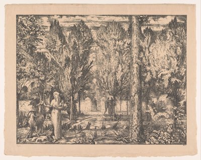 围墙花园中的妇女和公羊
公园（原标题） 作者 Willem van Konijnenburg（艺术家签名）