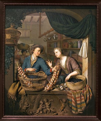 洋葱推销员威廉-凡-米里斯（1662-1747）的绘画，木板油画 作者 威廉·范·米耶里斯（Willem Van Mieris）