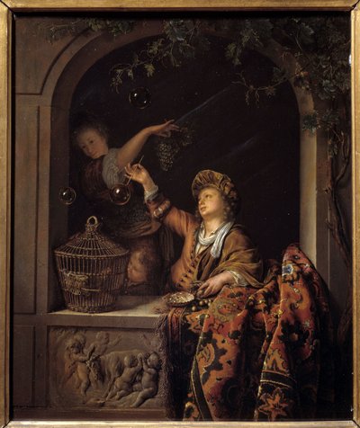 肥皂泡。 Willem Van Mieris (1662 - 1747) 的绘画 作者 威廉·范·米耶里斯（Willem Van Mieris）