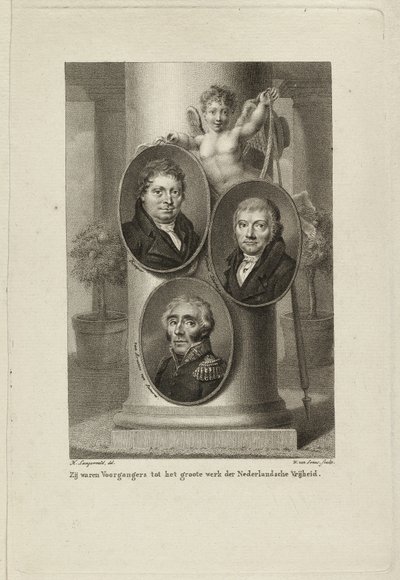 纪念碑上有 Joan Melchior Kemper、Cornelis Anthony Fannius Scholten 和 Gijsbert Carel Rutger Reinier van Brienen van Ramerus 的肖像。NL-HlmNHA 1477 53011449 作者 威廉·范塞努斯