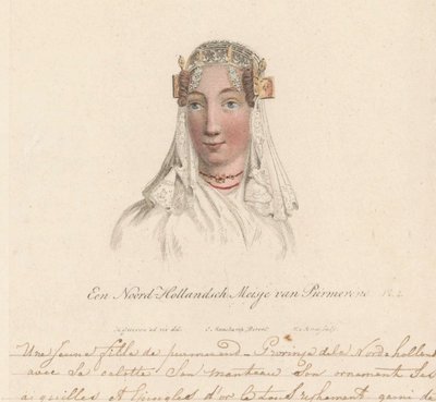 珀默伦德女孩的头饰，1816 年
一个来自珀默伦德的北荷兰女孩/Une Jeune fille de purmerend - Province dela Nord-hollande avec sa calotte son manteau son ornament ses aiguilles et epingles d