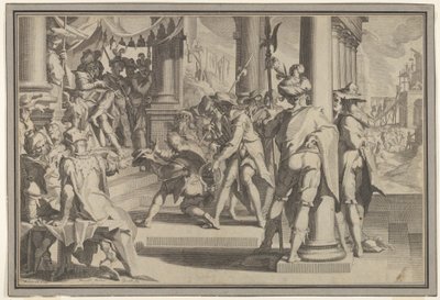 正义的寓言，法律的神圣性，描绘了一个人被赦免的法庭场景...，1605年。 作者 威廉·范·斯瓦嫩伯格