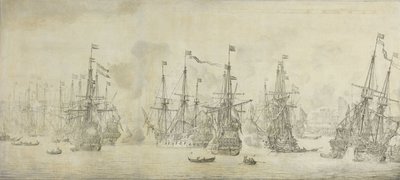 1665 年 8 月 12 日英国人在挪威卑尔根港袭击回航舰队失败：第二次英荷战争中的一个插曲 作者 威廉·范德维尔德（一）