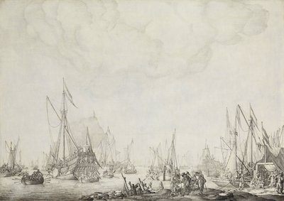 皇家和国家游艇，可能是英国查理二世抵达莫尔戴克，1660 年 作者 威廉·范德维尔德（一）