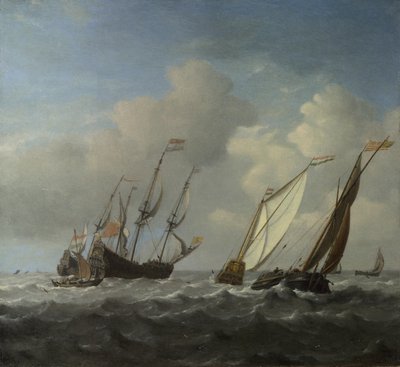 荷兰船，游艇和微风中的小船只c。 1660 作者 威廉·范·德·韦尔德