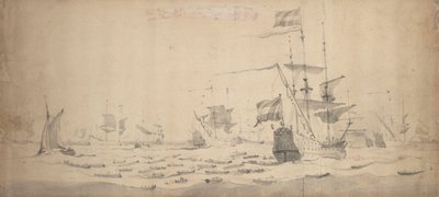 微风中卧倒的荷兰舰队：战争会议，约 1665 年（石墨，灰水彩） 作者 威廉·范·德·维尔德·韦尔德