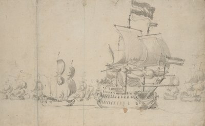 一艘荷兰旗舰，船舷上有一艘派遣船，1672 年 5 月？ 作者 威廉·范·德·维尔德·韦尔德