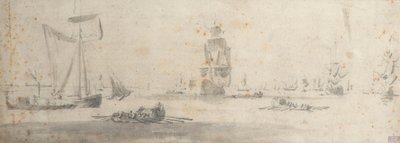 轻风中的加略号和几艘驳船，约 1681 年（石墨，灰水彩） 作者 威廉·范·德·维尔德·韦尔德